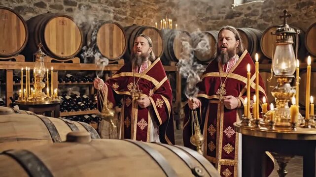 Sacred Ritual in the Cellar: Two robed figures engage in a traditional ceremony amidst rows of aged wooden barrels and flickering candles, evoking a sense of solemnity and reverence.