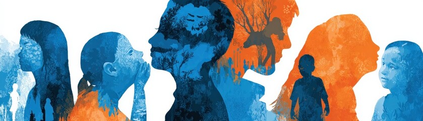 Abstract silhouettes of people in blue and orange hues overlap, suggesting communication, relationships, and emotional connections.