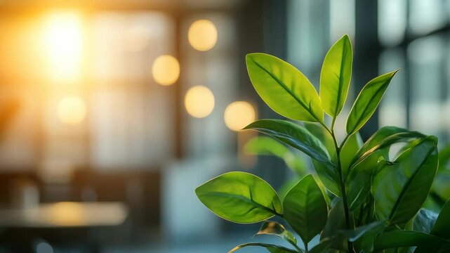 Sunlight softly filtering through large windows onto lush green leaves, essence of freshness, tranquility, and natural beauty in a warm, contemporary space with glowing bokeh lights in the background.