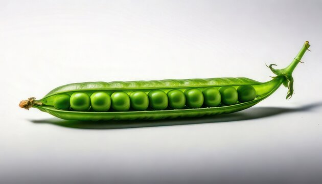 Fresh green pea pod with peas inside on white background.