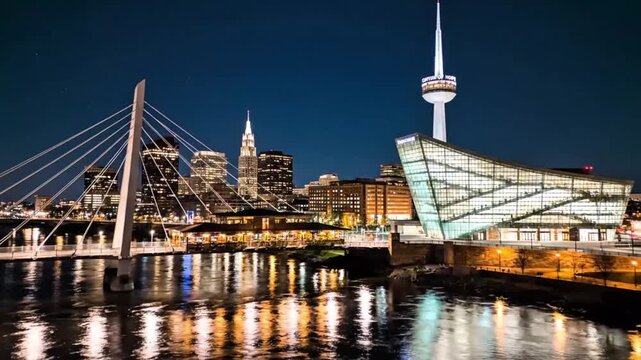 Cityscape at Night: A captivating cityscape glistens with the energy of the night, its architectural marvels reflected in the serene waters. The dark sky is illuminated by the city lights.