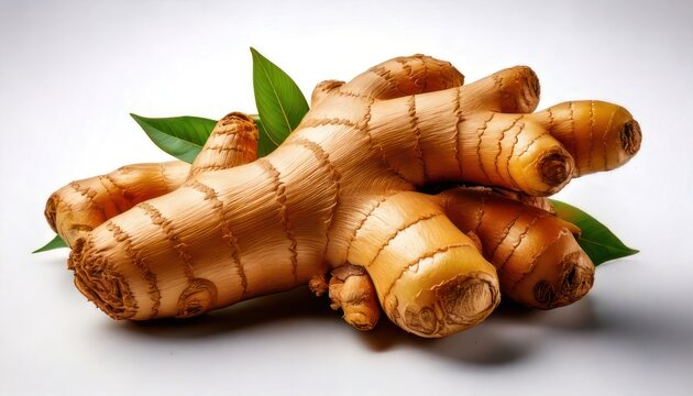 Fresh Turmeric Root with Green Leaves on White Background.