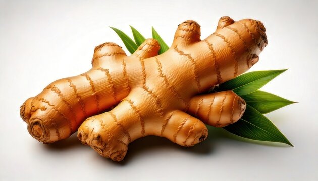 Fresh Turmeric Root with Green Leaves on White Background.