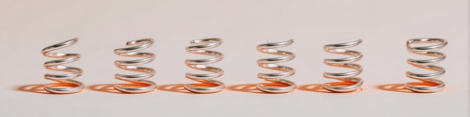 Naklejka premium Automotive suspension springs row on light background for spare parts marketing catalog, industrial helical steel coils with soft pink and grey highlights