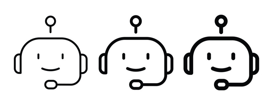 Ai Assistant with Outline of Varying Thickness. Robot Head with Smiling Face, Headphones, Antenna Isolated on Write. Vector illustration