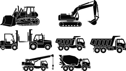 Construction machinery silhouettes set, heavy equipment vehicles excavator bulldozer dump truck isolated vector illustration © Shafali