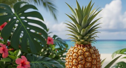 Fototapeta premium A perfectly ripe, golden pineapple stands prominently amidst lush tropical foliage near a stunning ocean vista.