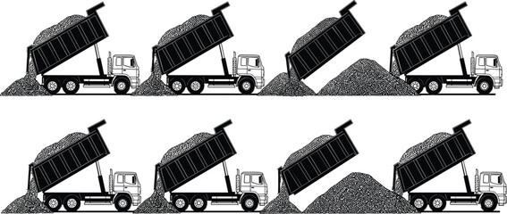 Dump truck unloading gravel sequence, construction tipper truck process isolated on white background vector © Shafali