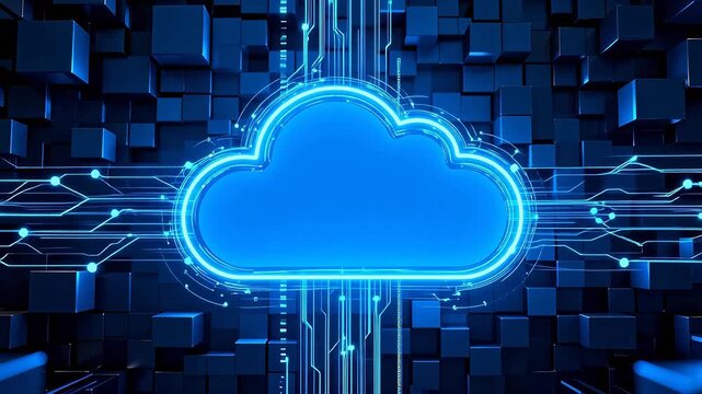 Blue cloud with circuit lines on dark cubes