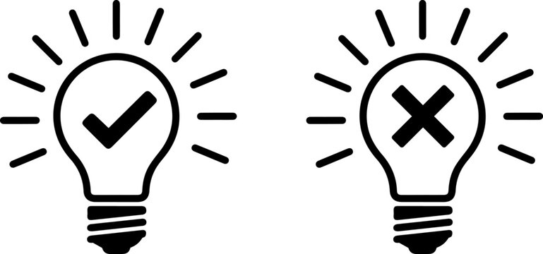 Good idea versus bad idea light bulb symbols for decision making