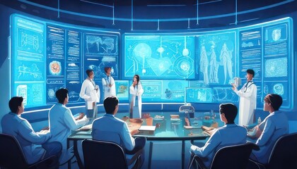 Obraz premium Futuristic Medical Team Meeting in High-Tech Control Room.