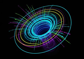 Neon circular light trails forming vortex 3D abstract digital data background