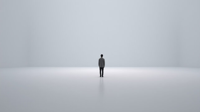 lone person walking in vast minimal white salt flats at dawn, tiny silhouette of a man standing in an expansive empty landscape with soft blue sky