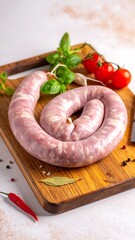 Spiral sausage on wooden board, with tomatoes, basil, pepper, and bay leaf