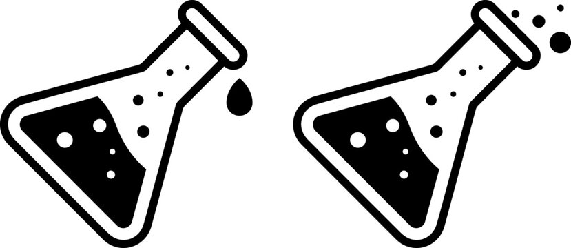 Two black beakers with bubbles and liquid on white background