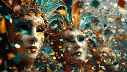 Colorful masks adorned with feathers and sparkles, evoking a festive atmosphere, amidst a shower of confetti.
