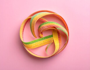 Spiraled sour candy strip on pink background, shot from above, creates abstract form