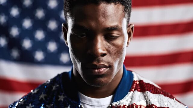 African American man in patriotic sequin jacket against US flag