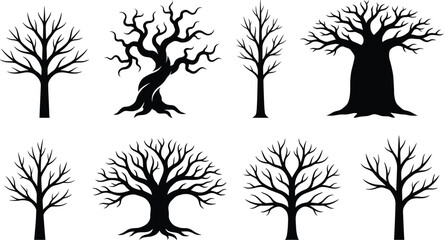 Black bare tree silhouettes set with various branch shapes and wood species isolated on white background for winter nature and spooky halloween design © MOHOSIN