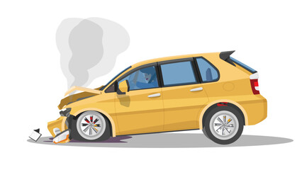 Obraz premium ํํYellow hatchback car was severely damaged. Bonnet was distorted. Front bumper has broken apart. Airbags deployed from steering wheel with driving inside. was smoke and an oil spill on isolated.