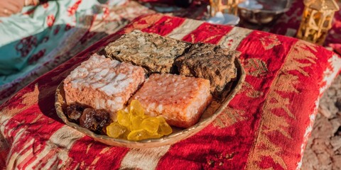 Jewish Passover Seder Plate with Symbolic Foods on Red Textile for Ceremonial Instruction and Cultural Content, Traditional Holiday Celebration with Copy Space
