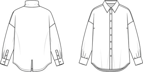 Technical fashion illustration of long-sleeve shirt front and back views with button placket, pleated cuffs, curved hem, and collar variations