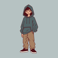 Minimalist illustration of a boy wearing an oversized hoodie and cargo pants
