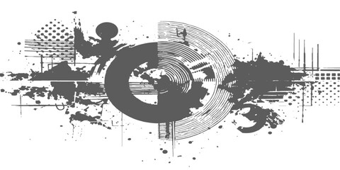 Abstract urban grunge background featuring a vintage biker silhouette and musical elements in a black sketch illustration style for a high-speed sports poster design © DreamLoom