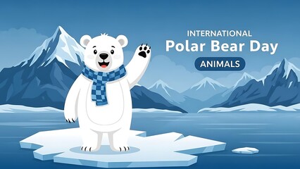 Fototapeta premium Adorable cartoon polar bear wearing a blue checkered scarf waves hello from a small melting ice floe against a stark backdrop of arctic mountains for international awareness.