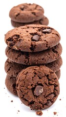 Stack of chocolate chip cookies isolated on white background, close-up view, dark tones