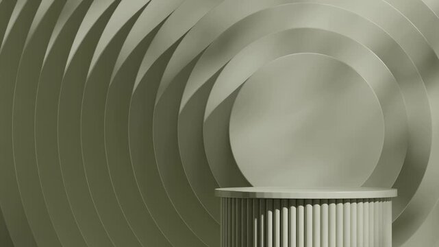 looping seamless shadow animation with round circle wall background, 3d footage render empty mockup of green cylinder podium