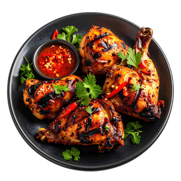 A perfectly grilled ayam percik chicken drumstick, coated in a creamy, aromatic spice paste, beautifully presented and isolated on a plain white background