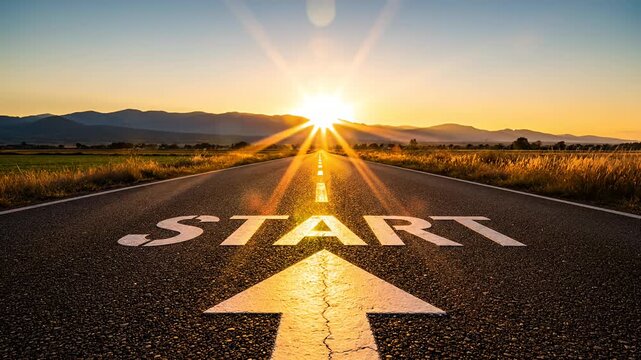 Asphalt road marked with word start and arrow leading towards brilliant sunset over distant mountains
