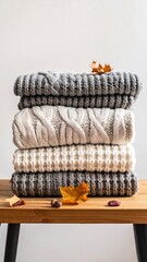 Stack of folded knit sweaters in muted tones, with autumn leaves on a wooden table