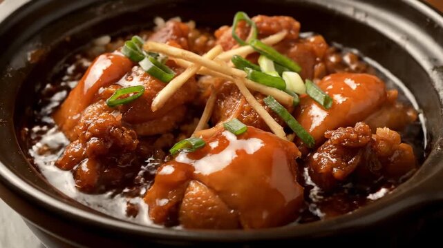 Close-up of glossy Chinese Clay Pot Chicken Rice (Bao Zai Fan) topped with fresh ginger strips and green onions, showcasing rich brown sauce and steamed rice in a traditional dark bowl.