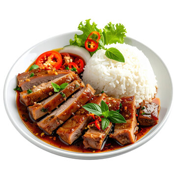 Traditional cambodian bai sach chrouk, featuring marinated grilled pork served over a bed of steamed rice, isolated on a white background