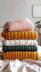 Stack of folded, colorful, cozy knit sweaters on a bed with soft, natural light