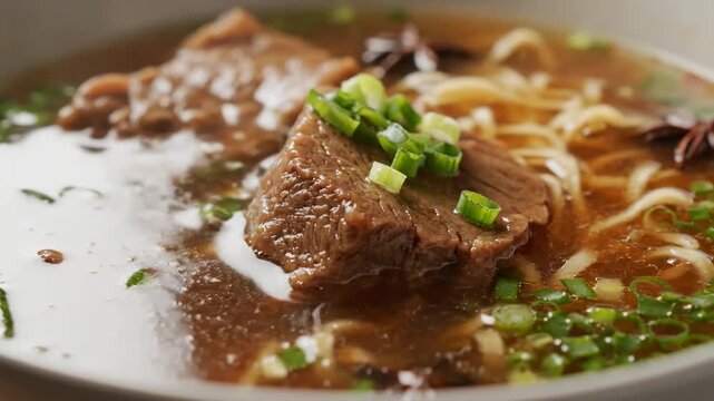 Professional close-up of rich, steaming Taiwanese beef noodle soup (Niu Rou Mian) topped with tender braised beef chunks and chopped green onions in a savory broth.