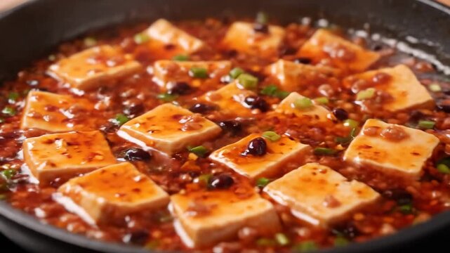 Authentic Mapo Tofu Dish Simmering in Spicy Chili Sauce with Tofu Cubes and Minced Ingredients in a Hot Pan