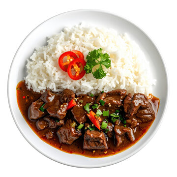 Aromatic beef serunding floss, finely shredded and cooked with spices, accompanied by steamed rice on a dark surface for a warm and inviting food scene