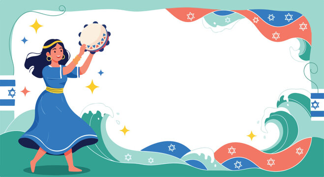 Miriam dancing with a tambourine against a red sea waves background.