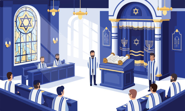 Jewish men worshiping in synagogue with torah scroll on bimah.