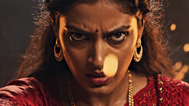 Close up of fierce Indian woman staring with anger amidst flying fire embers, dramatic and powerful atmosphere.