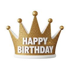 Gold glitter party crown with happy birthday text isolated on transparent background