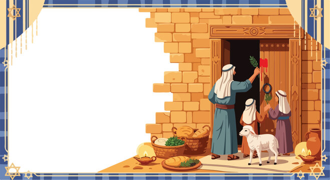 Passover scene of a family applying blood to the doorway.