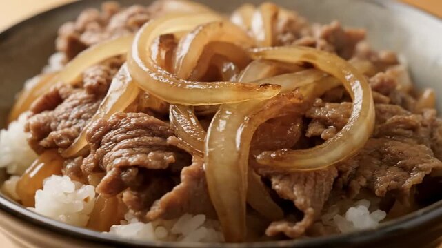 Close-up of Gyudon (Japanese Beef Bowl) served hot in a ceramic bowl, consisting of thinly sliced simmered beef and caramelized onions over steamed white rice.