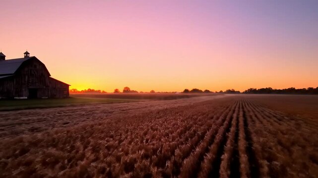 Rural barn beside harvested farm field at sunset, long crop rows leading to horizon, warm golden sky for agriculture branding, autumn harvest and Thanksgiving mood