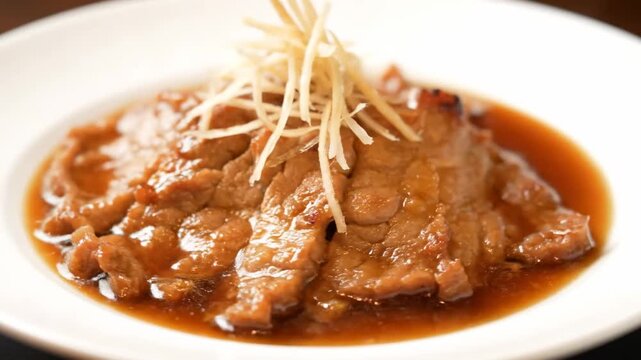 Delicious braised meat slices in a rich savory sauce, topped with fresh julienned ginger, presented on a pristine white plate, capturing the texture and gloss.