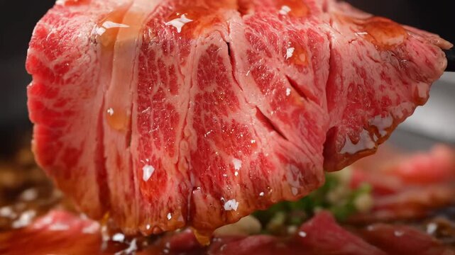 Close-up of luxurious raw A5 Wagyu beef steak slices with perfect marbling texture, seasoned and lifted, highlighting premium gourmet dining and culinary delicacy.