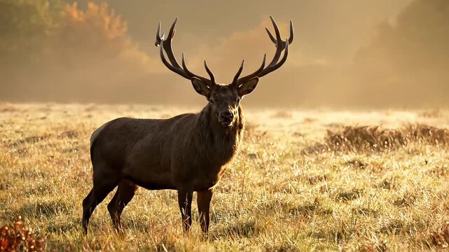 Majestic male red deer stag with impressive antlers standing alertly in a misty golden field during early morning sunrise hours.